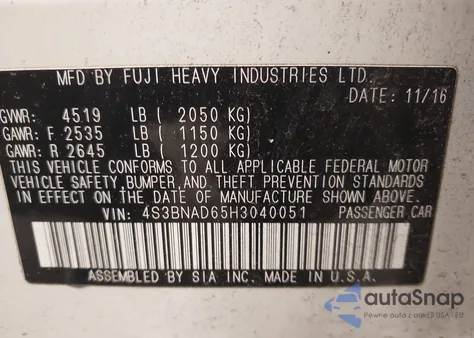 2017 Subaru Legacy 2.5I Premium из США, поврежденный, VIN 4S3BNAD65H3040051